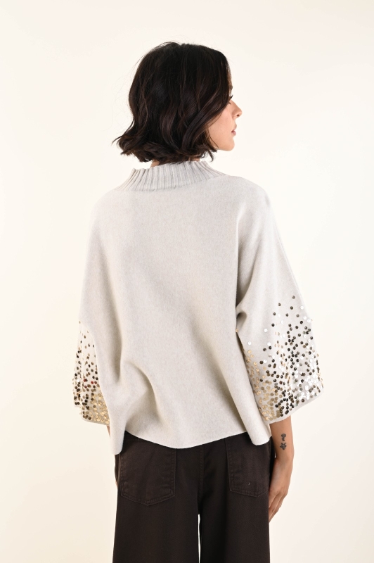 Rundhals-Pullover mit 3/4 Arm und Pailletten